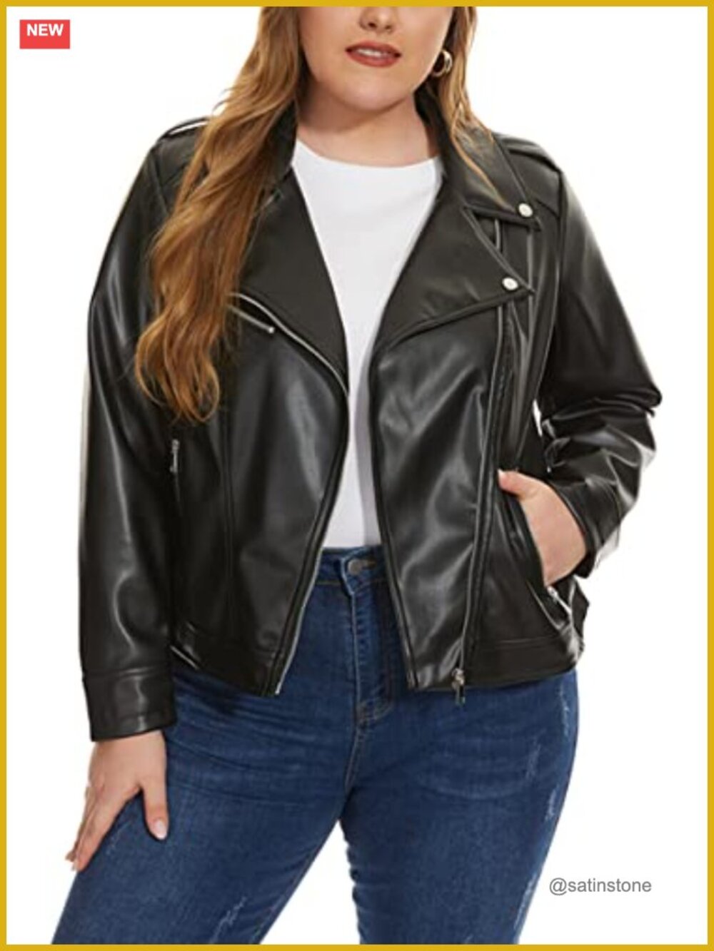 Zip Up Faux Leather Moto Biker Jacket Plus Size Fitted Coat